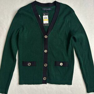 Tommy Hilfiger‎ Cardigan Cable Knit Sweater Preppy Green Stripes Medium